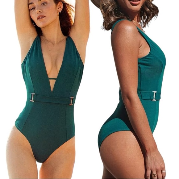Cupshe Other - NEW CUPSHE Swim Stunning Forest Green V Neck One Piece Swimsuit Size Medium NWT